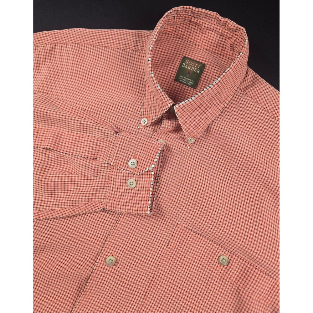 Scott Barber Men Medium Orange Peach Micro Check Button Down Shirt Long Sleeve M
